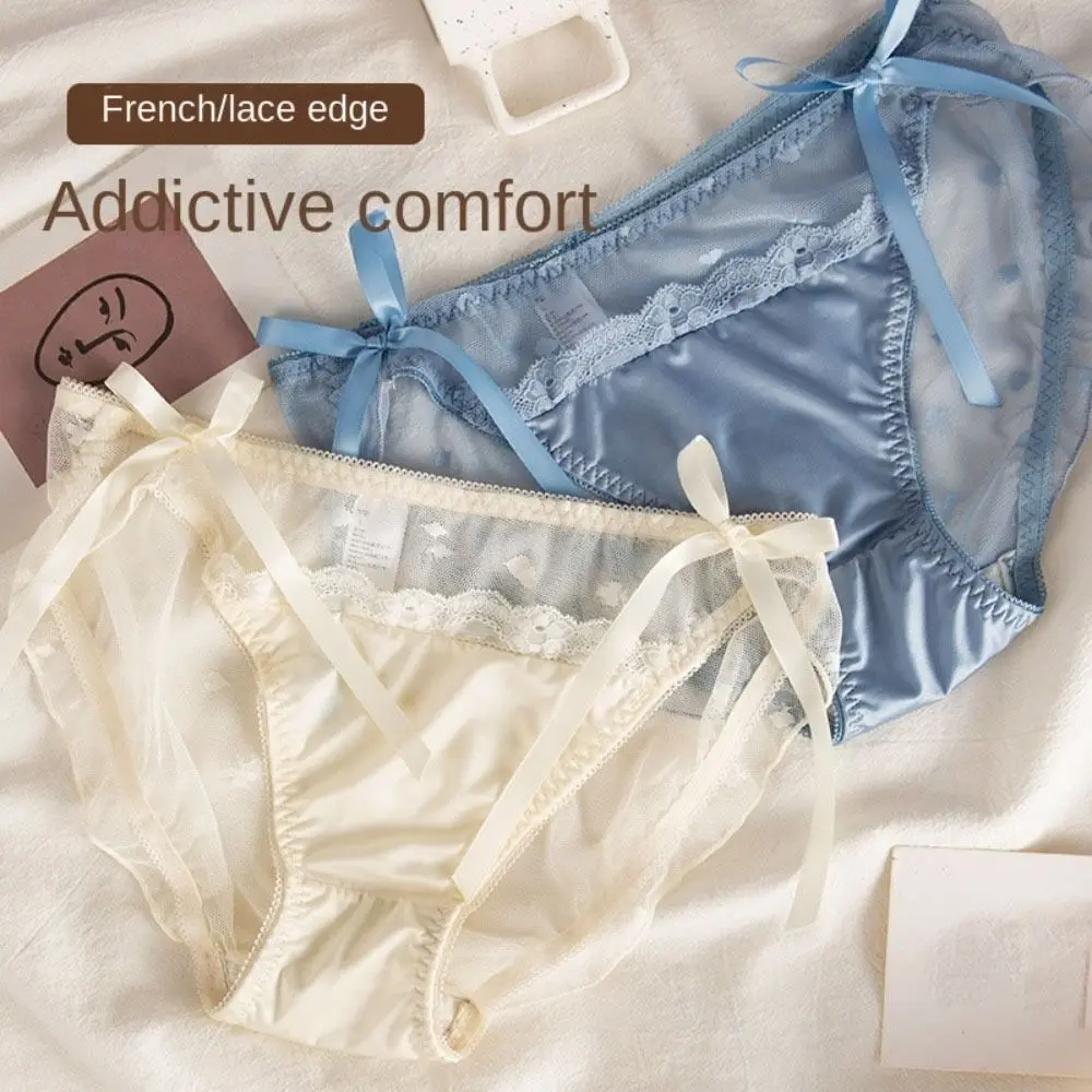 Anti Bacterial Soft Low Waist Satin Mesh Lace Edge Underwear Ladies Panties Imperial Style Panties Bow