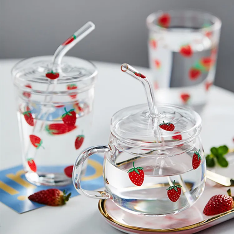 Cute Strawberry Glass  Heat Resistant Coffee Milk Water Cups With Lid and Straw Clear Cute Juice Smoothie Cold Drinks Straw Cup