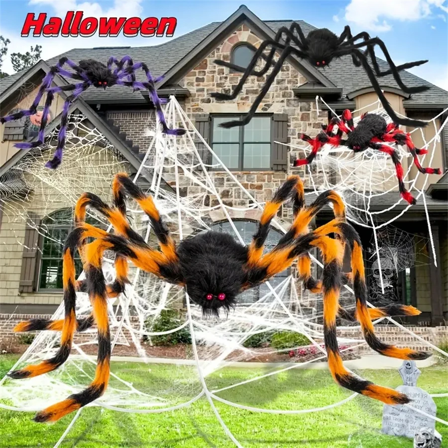 Halloween Riesige Spinnennetz-Dekorationen für Draußen, Großes Dreieckiges Spinnennetz, Schwarze/Bunte Spinne, für Garten, Rasen, Party, Spukhaus