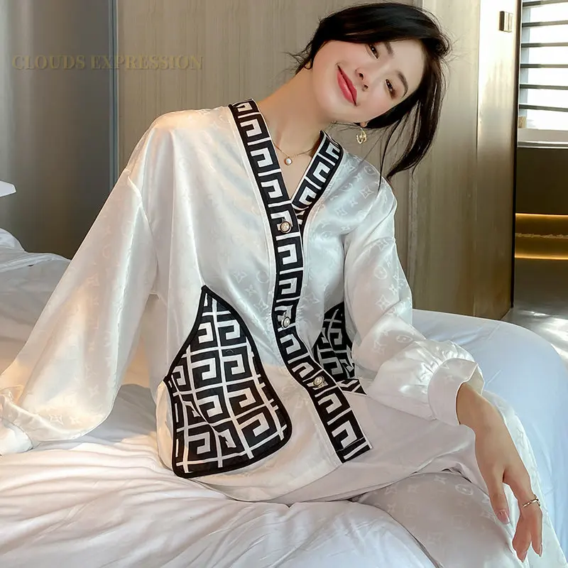 Spring Summer Satin Women\'s Pajamas Set V Neck Design Luxury Cross Letter Print Sleepwear Silk Like Nightwear Homewear Fashion