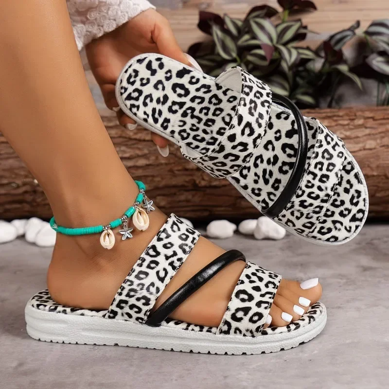 Sandals For Women Fashion Summer Leopard Print Suede Broadband Casual Flat Sandals Shoes Slippers 2024