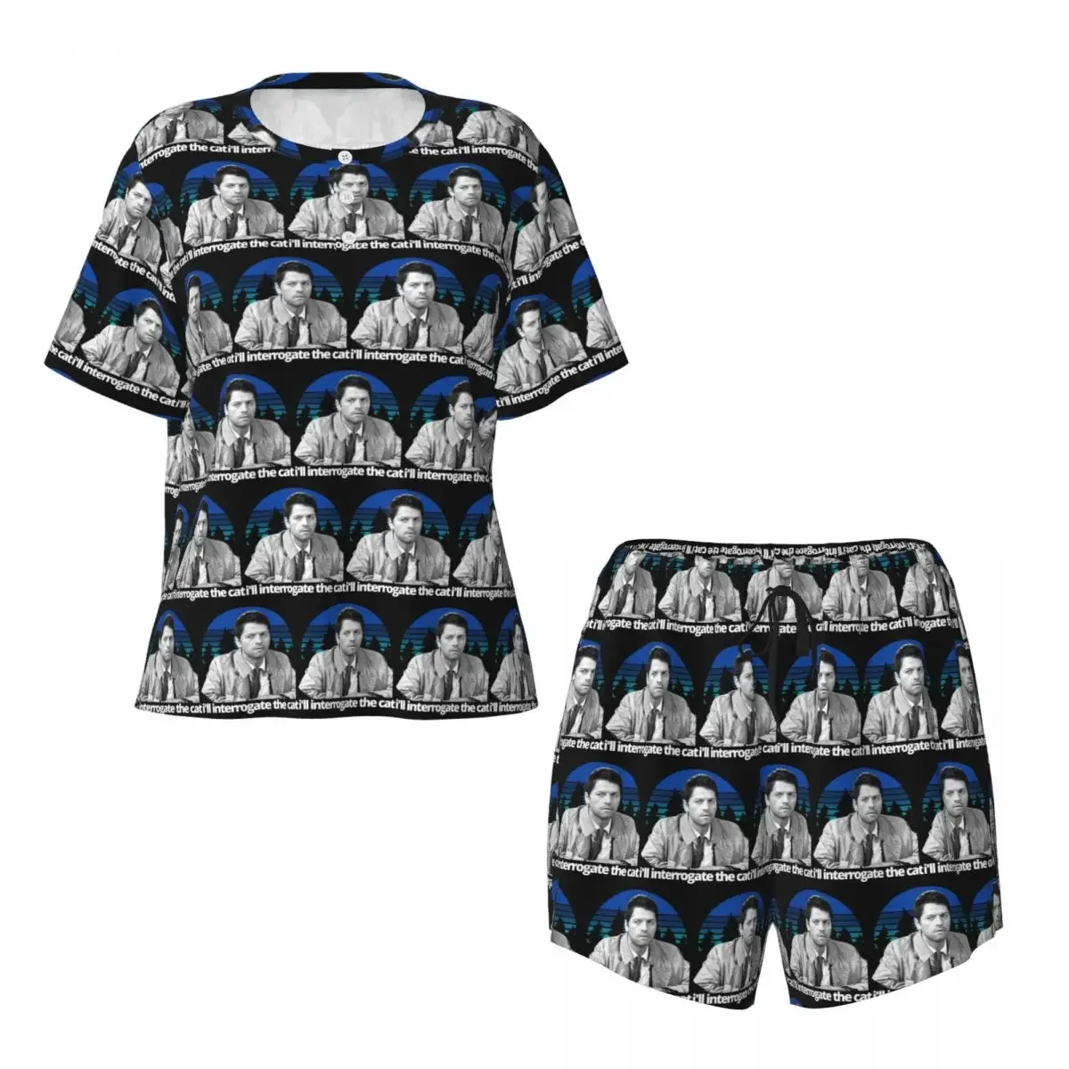 

Supernatural Castiel I'll Interrogate The Cat Round Neck Short Sleeves Nightdress for Sleeping Women Soft Pajama Set Short Pants
