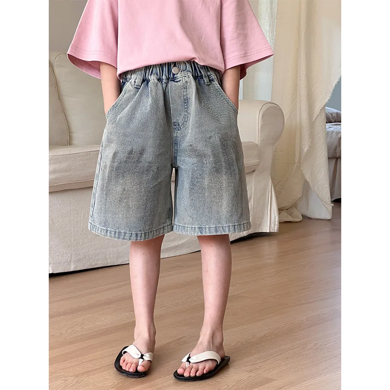 

Kid Shorts 2024 Summer New Korean Style Children Graffiti Jean Shorts Boys and Girls To Do Old Fashion Five Quarter Pants