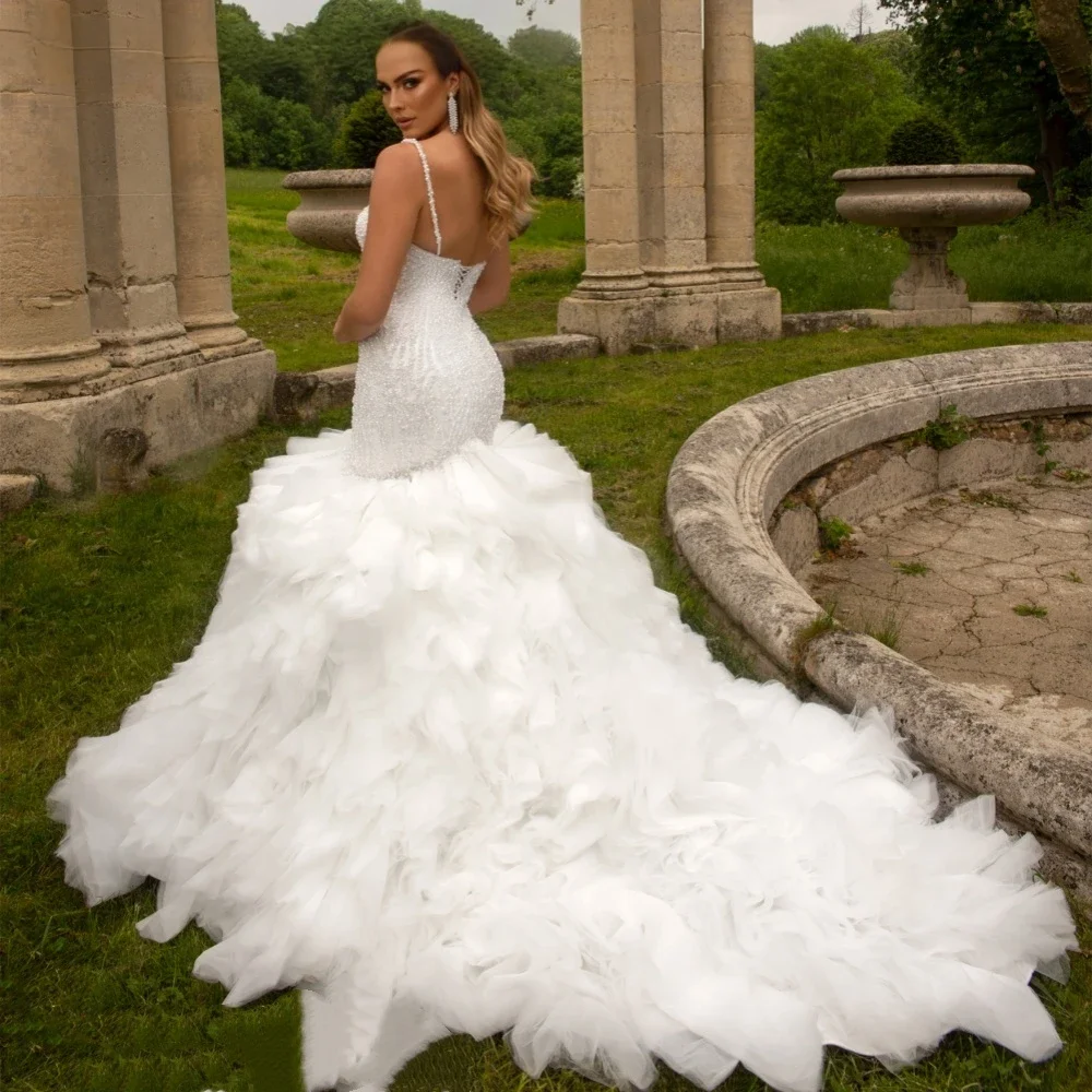 Customized White Spaghetti Strap Mermaid Wedding Gown Pearl Beaded Fitted Bodice 3D Ruffle Tulle Long Train Bridal Dress