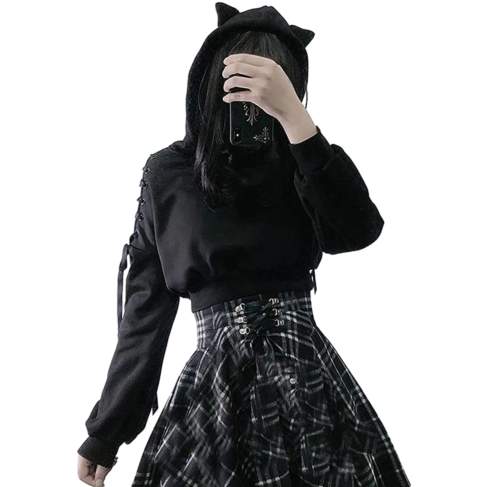 Combhasaki Women's Y2K 3D Cat Ear Hooded Pullover Tops Gothic Ribbon Lace-up Hollow Out Shoulder Long Sleeve Cropped Sweatshirts