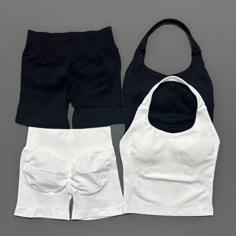 2 Pieces Shorts Yoga Set Women Backless Halter Tops High Waist Seamless Shorts Gym Suit Fitness Sportswear Workout Sets image 5