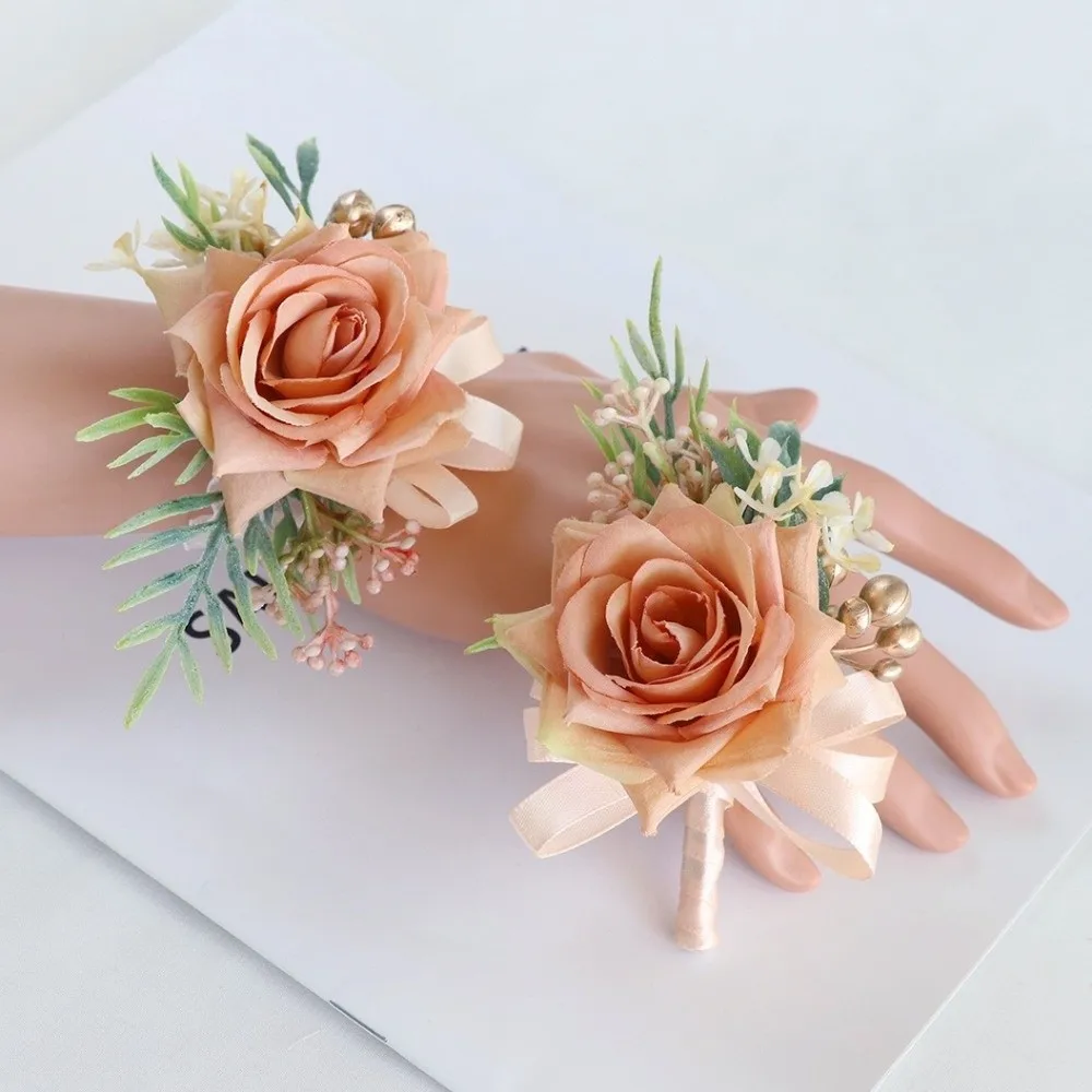 Elegant Silk Flower Wedding Corsage Artificial Handmade Wrist Corsage Boutonnieres Flowers Wedding Accessories