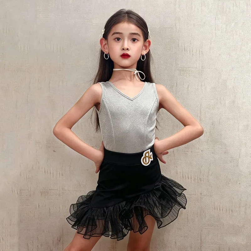 Latin Dance 2Pcs Costume Glitter Sling Top Iridescent Tulle Skirt Pink Black Summer Soft Stretch For Stage Training Dance Outfit