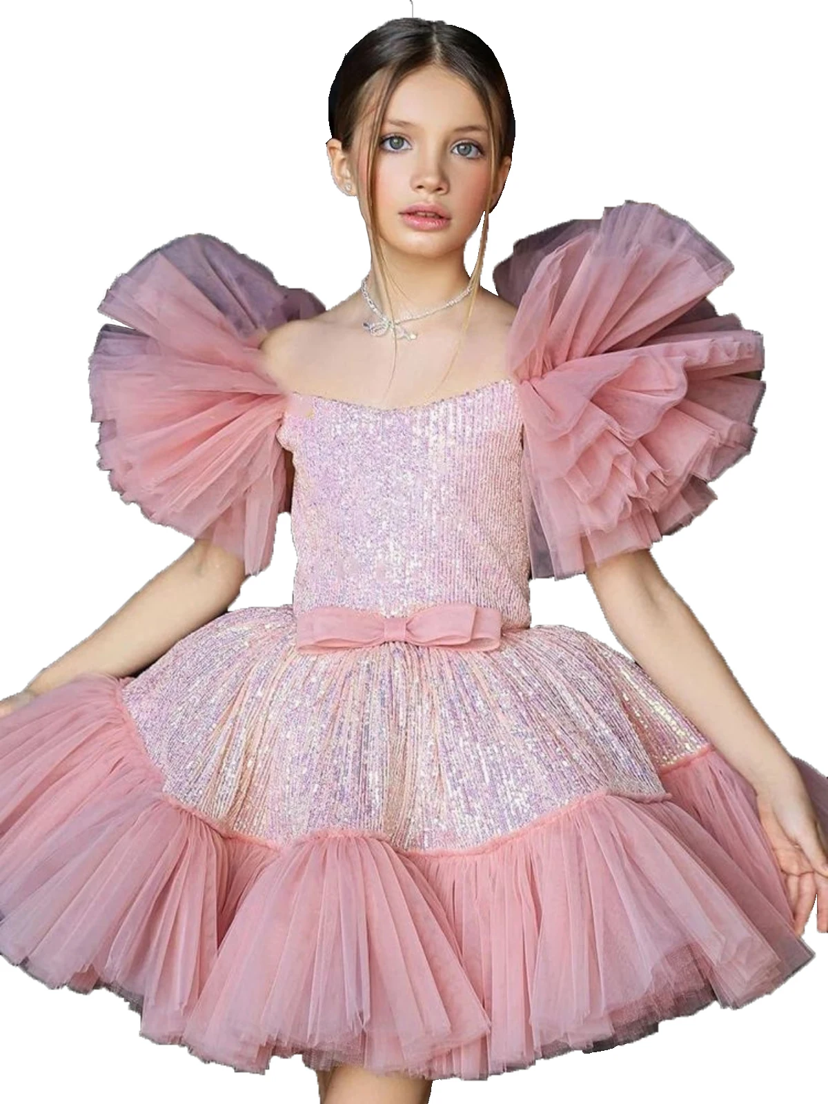 Robe de soirée en tulle à paillettes pour filles, robe à manches bouffantes, robe éducative pour tout-petits, concours de beauté, longueur au-dessus du genou