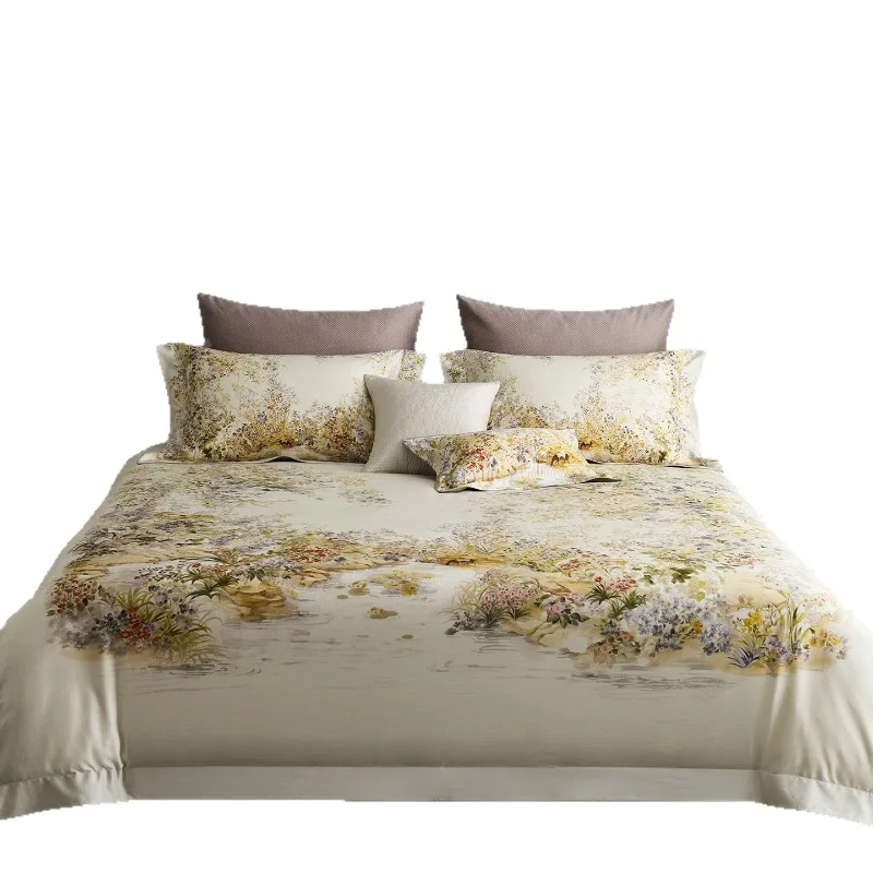 

High-end French romantic flower printing jacquard long-staple cotton four-piece set, silky smooth and skin-friendly, sleeping