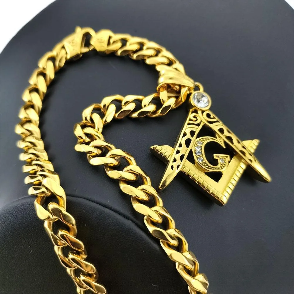 Halskette mit Strass-Anhänger, 11 mm Breite, gelb, für Herren und Damen, Freimaurerei, Freimaurer, Mauer, Edelstahl – Detail 2