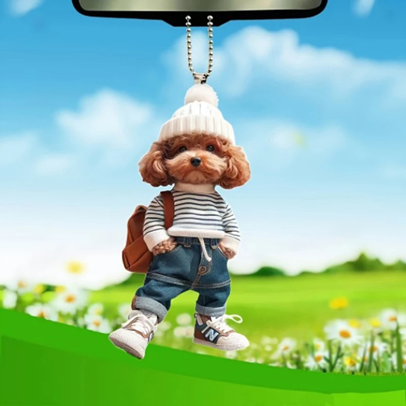 Creative 2D Acrylic Puppy Man Backpack Rearview Mirrors Pendant Car Hanging Ornaments Car Decor Accessories Women Men Gifts