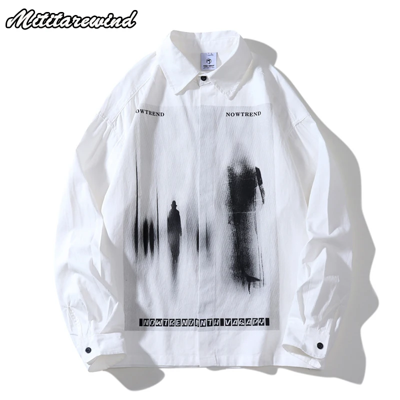 

Spring Autumn Long Sleeve Shirt Men Black Shadow Print Hip Hop Streetwear Vintage Clothes Men Shirts Oversized Black White Shirt