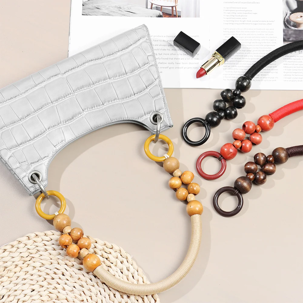 Women Fashion Wooden Bead Rope Bag Strap Wooden Handle Rope Beads Handbag Shoulder Belt DIY Strap Replacement Bag Accessories