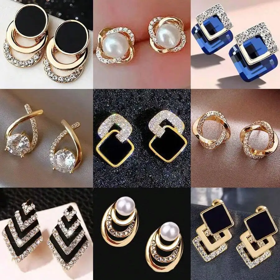 

12pcs Alloy Square Earrings For Women Rhinestone Stud Earrings Retro Luxury Fashion Jewelry