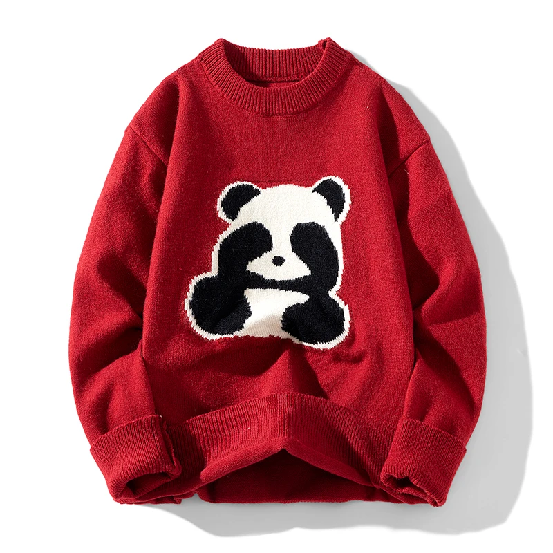 Panda printed sweater men\'s 2024autumn and winter new fashion versatile couple clothing loose elastic warm long sleeved pullover