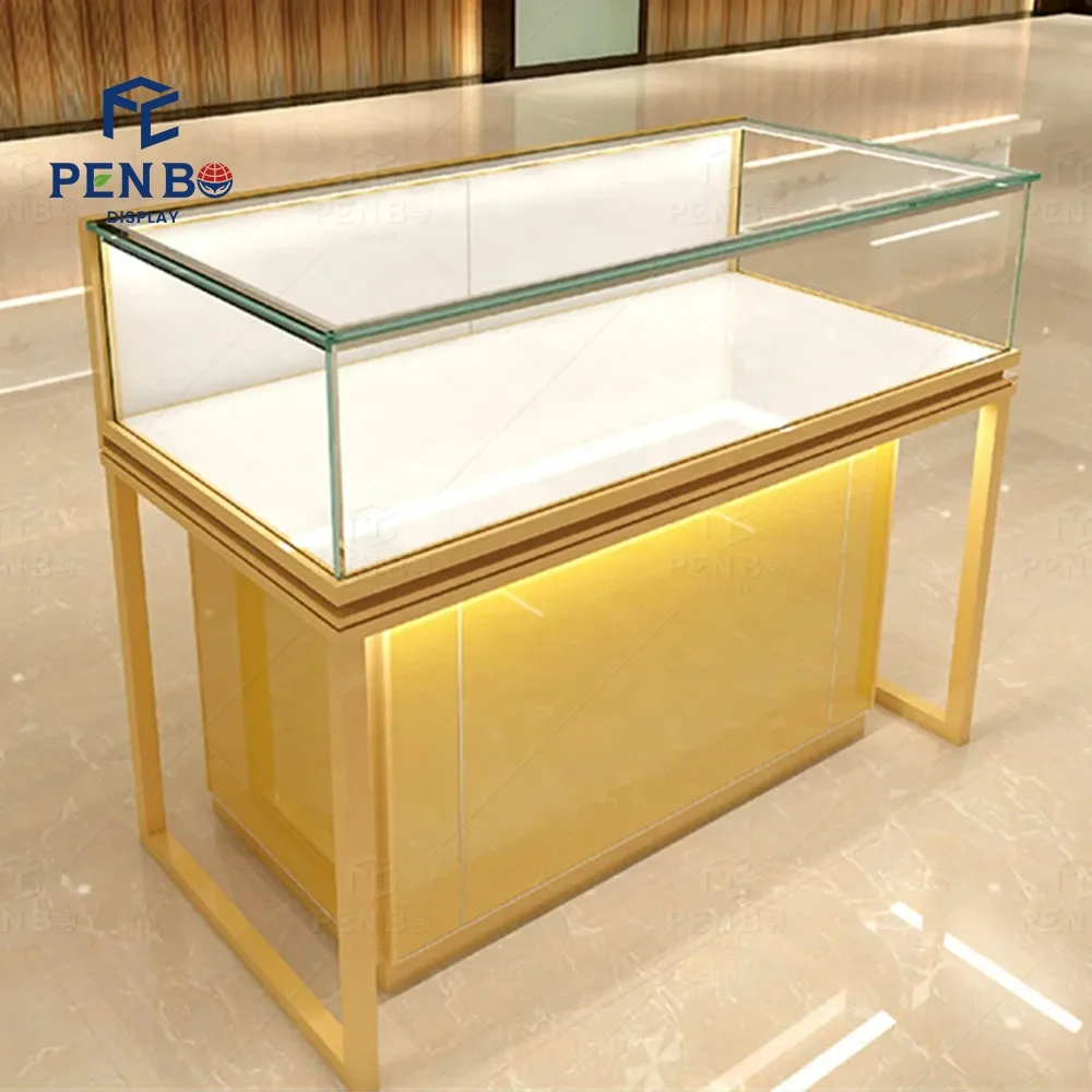 Luxo moderno vitrine de jóias armário mdf madeira vidro temperado led luz exibição de jóias mesa vitrine de jóias douradas