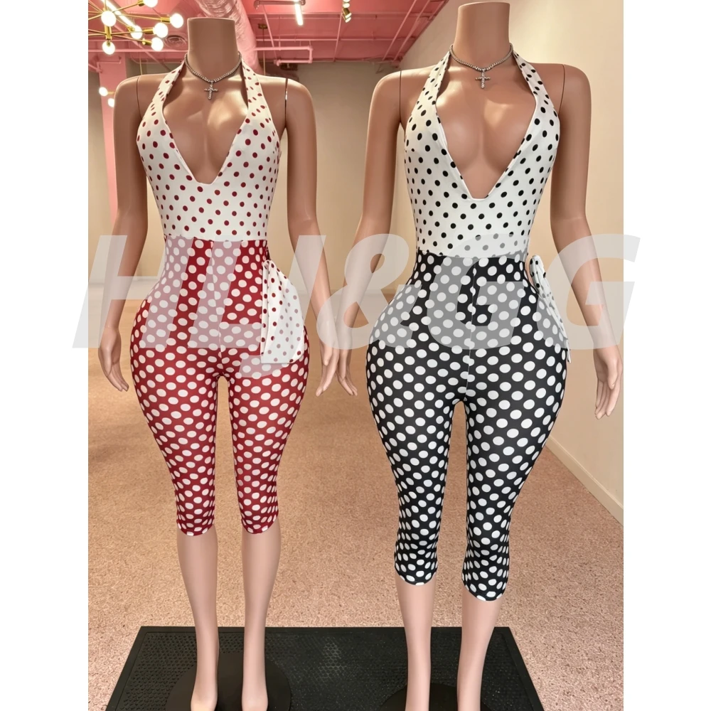 HLJ Women Polka Dot Print Jumpsuit Halter Deep V Neck Sleeveless High Waist Bodycon Rompers Sexy Clubwear Streetwear Overalls