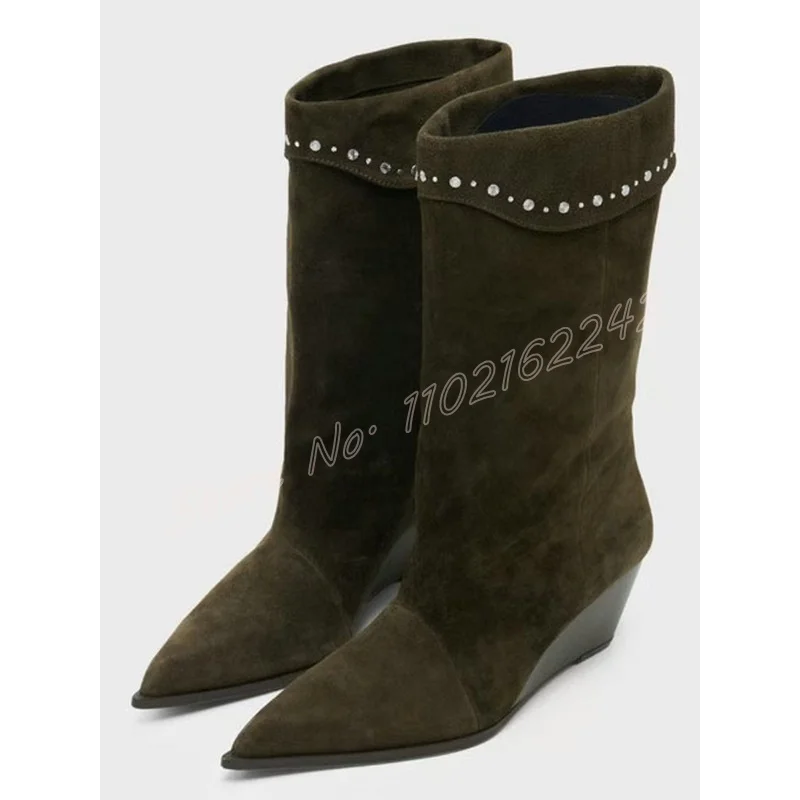 

Retro Suede Rhinestone Mid-Calf Boots Women'S Pointed Toe Lapel Platform Wedge Heel Boots Fashionable Spring Party Dress Boots