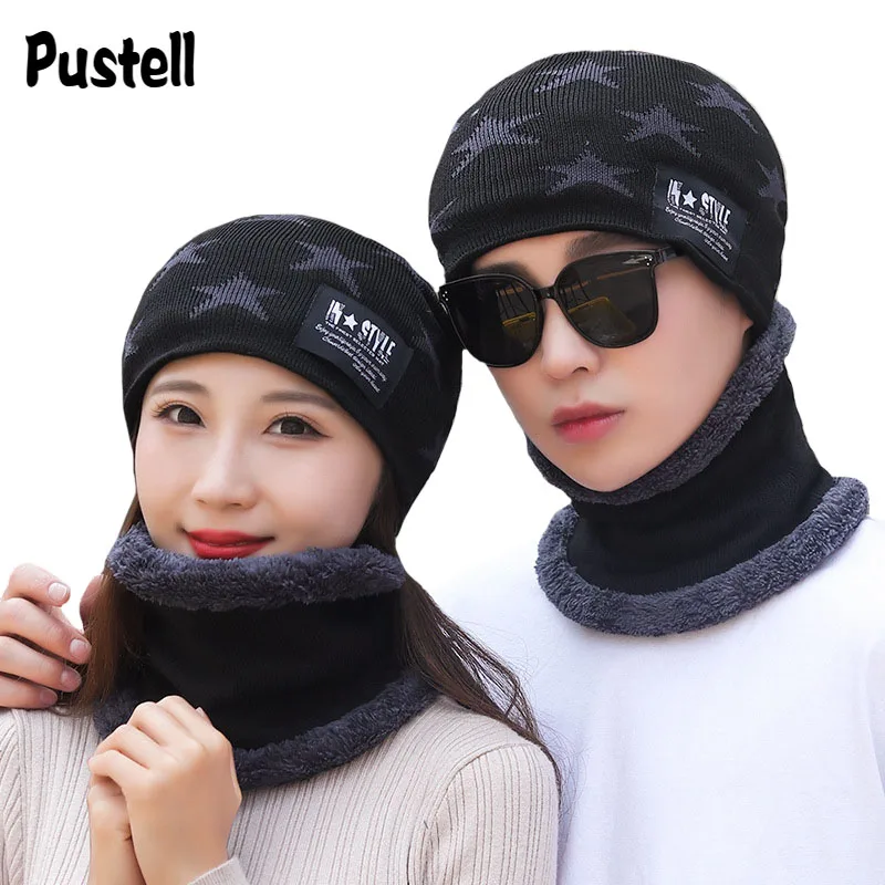 Unisex Gebreide Sjaal Muts Set Winter Mannen Dikke Warm Rijden Ski Skullies Mutsen Vrouwen Mode Outdoor Ster Print Bonnet Set