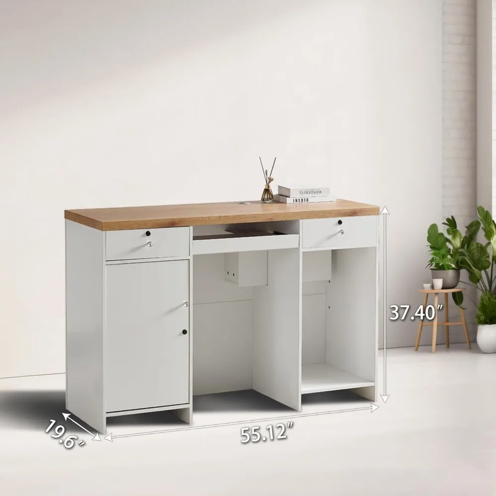 Reception Counter, Front Desk Checkout Counter Retail Receptionist Desk, Reception Desk with Lockable Drawers, White