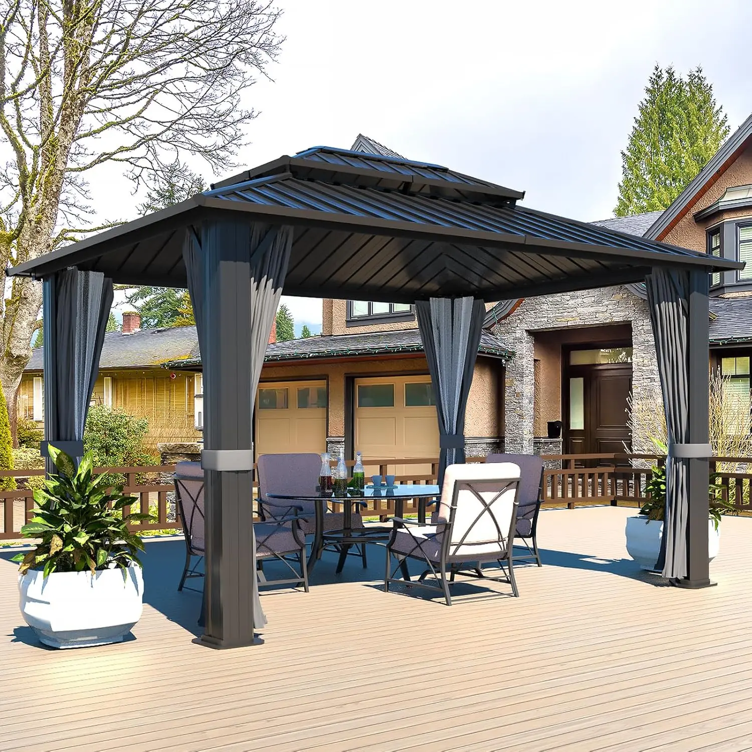 10x12 FT Hardtop Gazebo Canopy with Double Galvanized Steel Roof,Garden, Backyard, Black