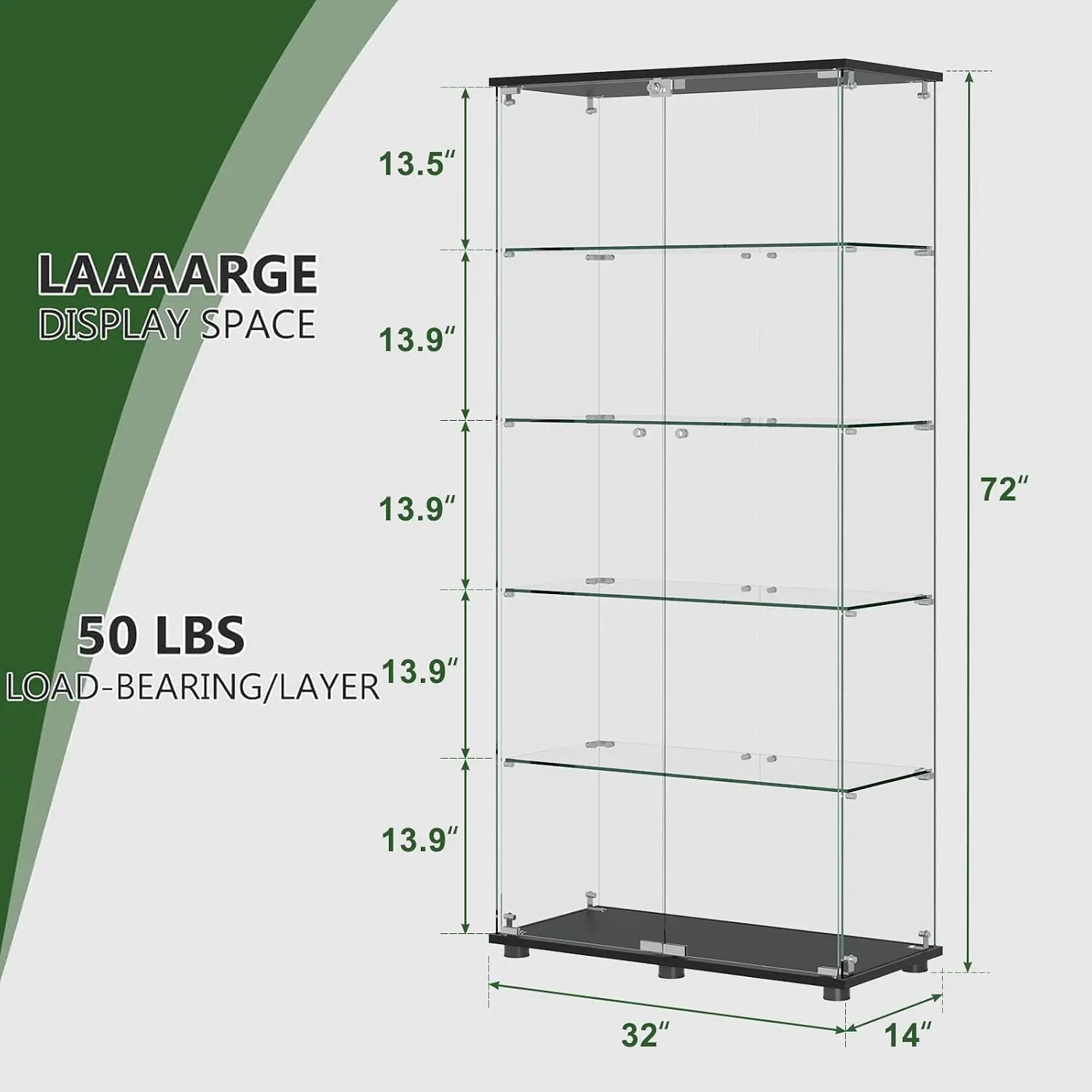 5-Shelf Glass Cabinet with Lock, 5mm Tempered Glass Case for Collectibles, Storage for Living Room Bedroom Office, Customized