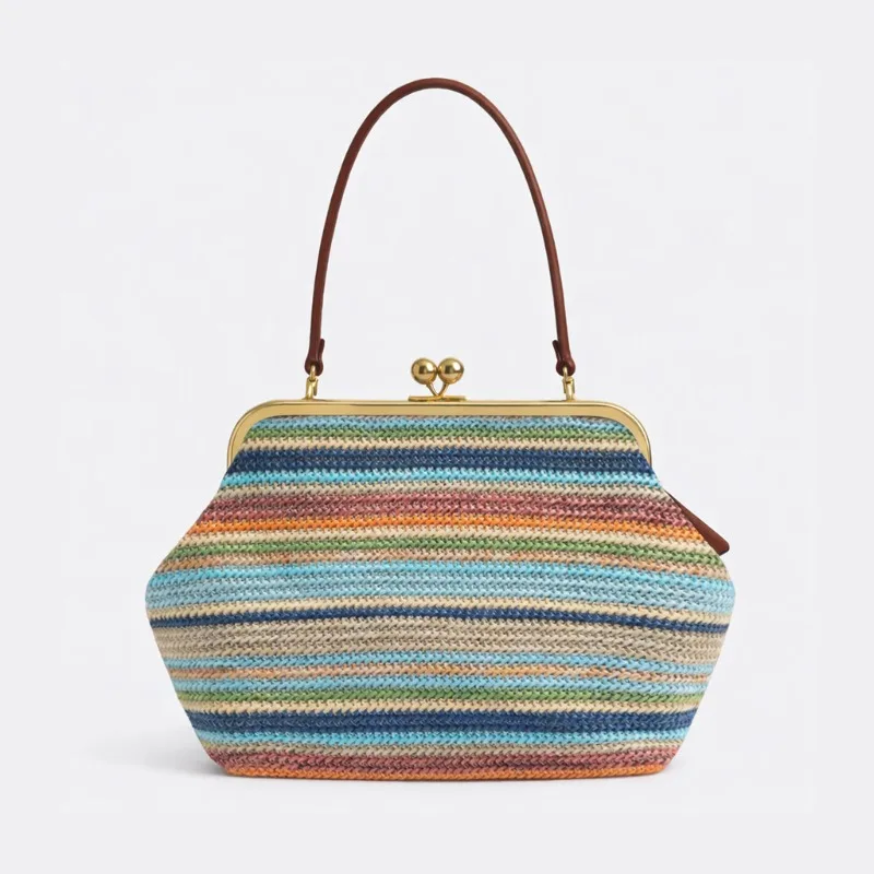 Summer Trend Colorful Striped Frame Kisslock Clip Straw Shoulder Bag Large Capacity Casual Bohemian Seaside Vacation Beach Bag