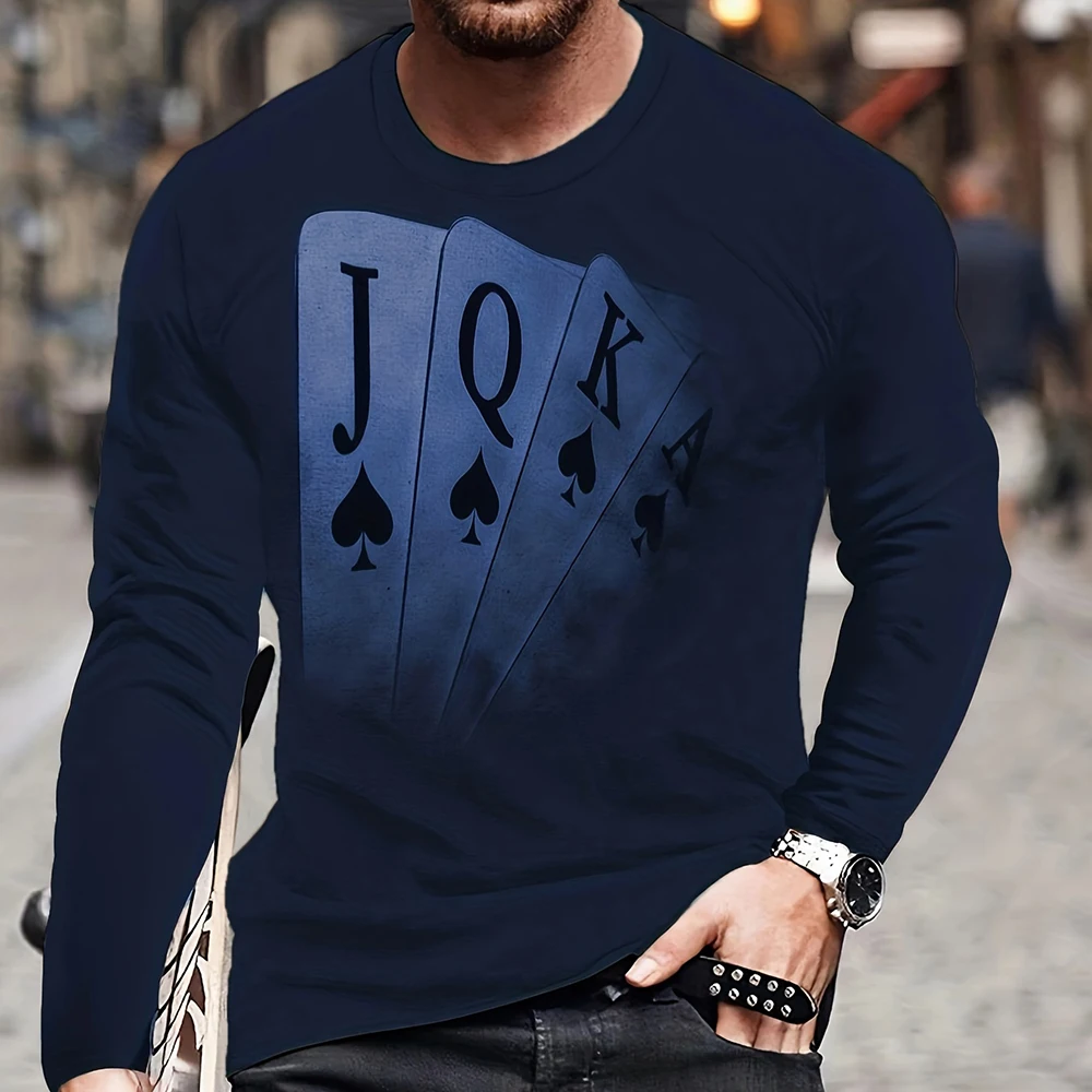 Poker Letter pattern Printed Men's T-shirt Spring Autumn Loose Retro Short Sleeve Fashion Round Neck Long Sleeve Cotton T-shirt