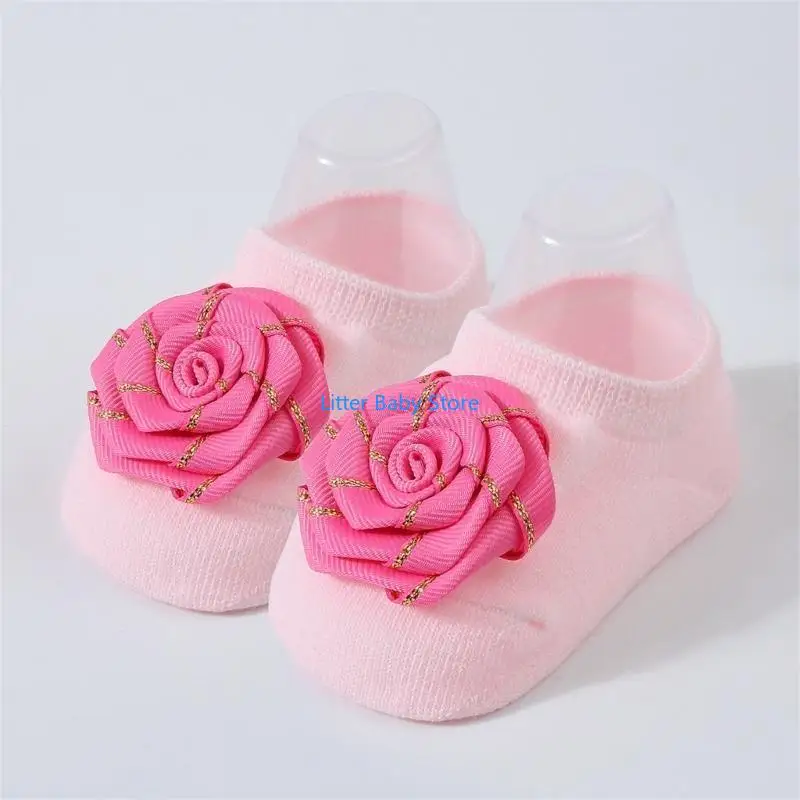 N80C جوارب أطفال متماسكة مع ديكور لهجة الأزهار، زوج واحد من الجوارب المطرزة يدويًا، جوارب أرضية مريحة غير قابلة للانزلاق للأطفال #3