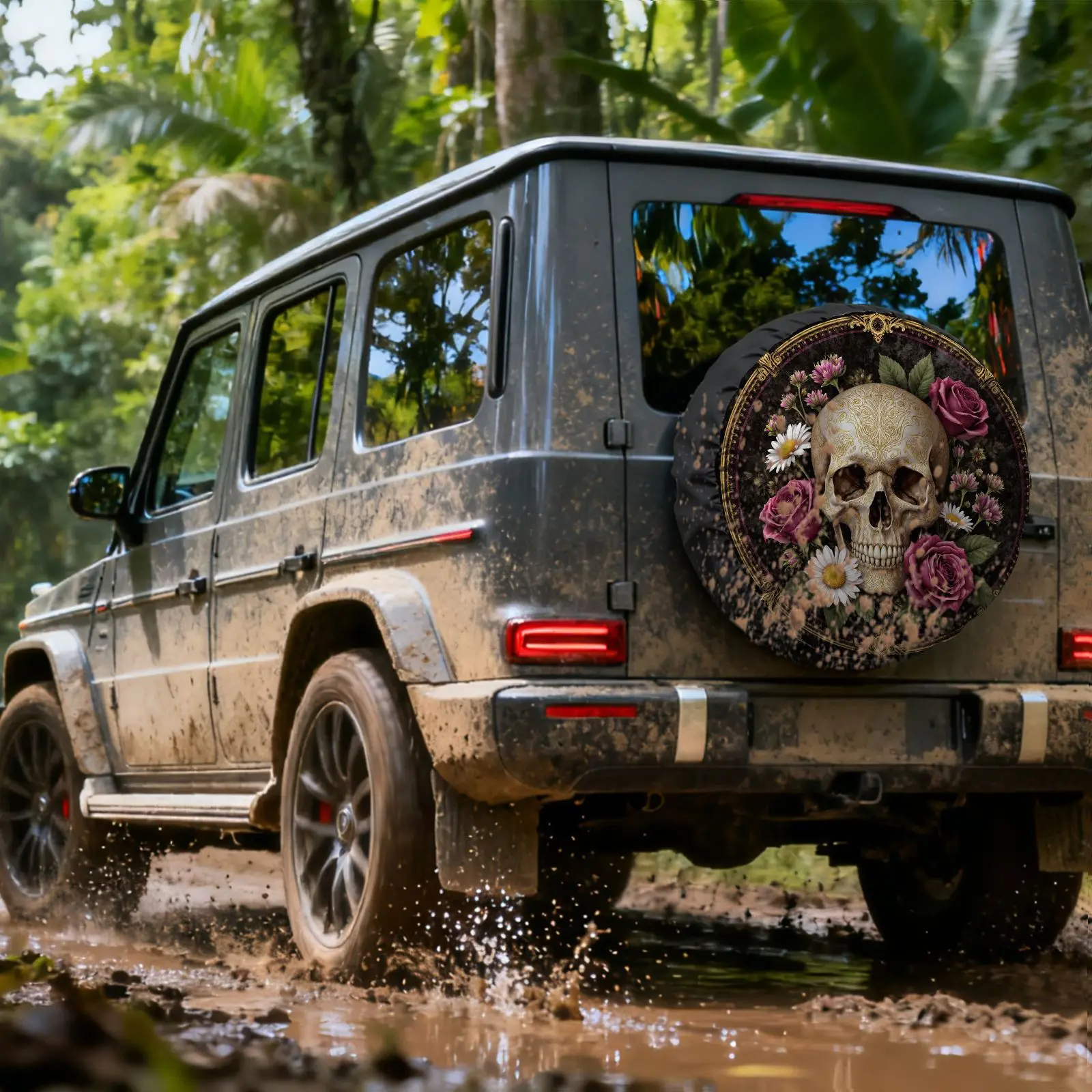 Tire Cover With Decorative Skull Floral Pattern, Made Of Polyester Fiber, Suitable For Spare Tires For Cars, Rvs, Suvs, And Truc