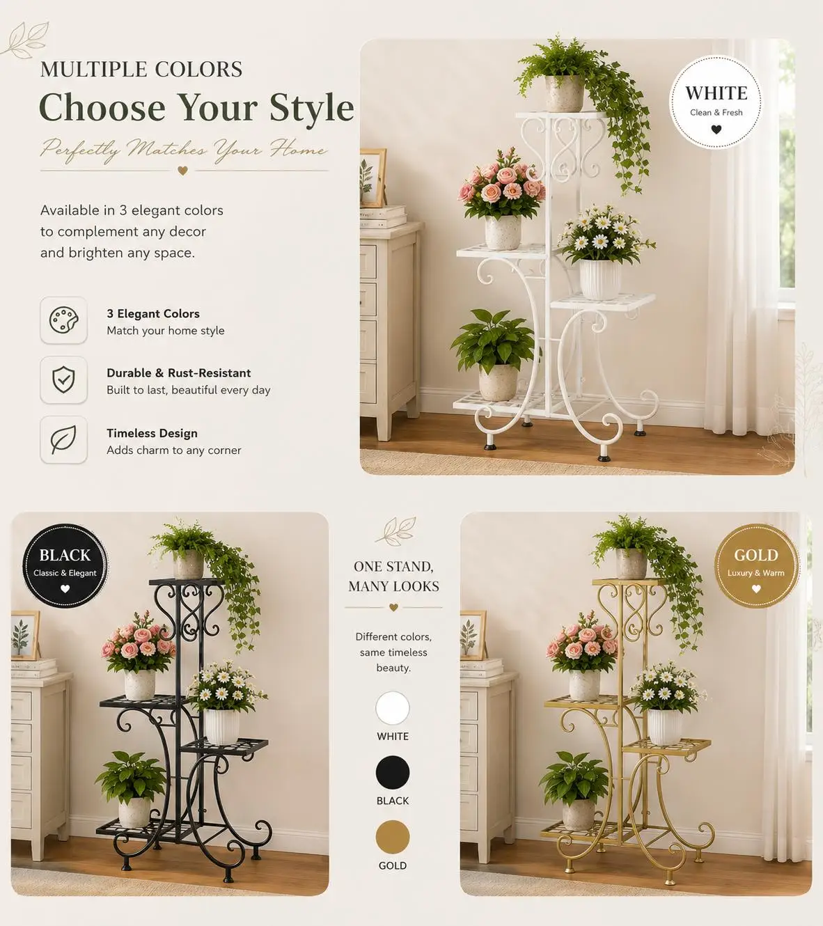 4 Tier Metal Plant Stand for Multiple Plants, Heavy Duty Iron Flower Pot Holder Rack, Indoor Outdoor Corner Plant Shelf, Vertical Planter Display Stand for Balcony, Garden, Patio, Living Room image 5