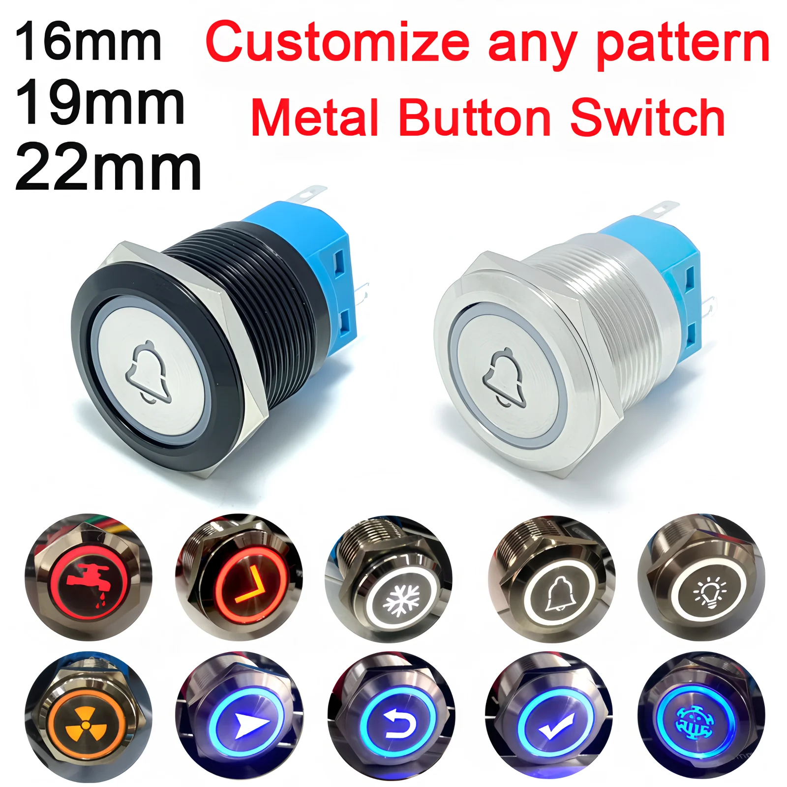

Custom Metal Push Button Switch 16mm 19mm 22mm Black Laser Luminous Waterproof Momentary Latching 12V 24V Motorcycle Car Switch