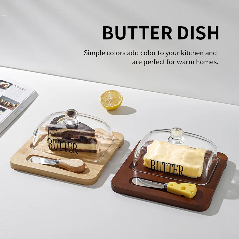 Butterschale aus Holz mit Glasdeckel und Messer, Aufbewahrungsplatte für Käse, Kuchen, Desserts,