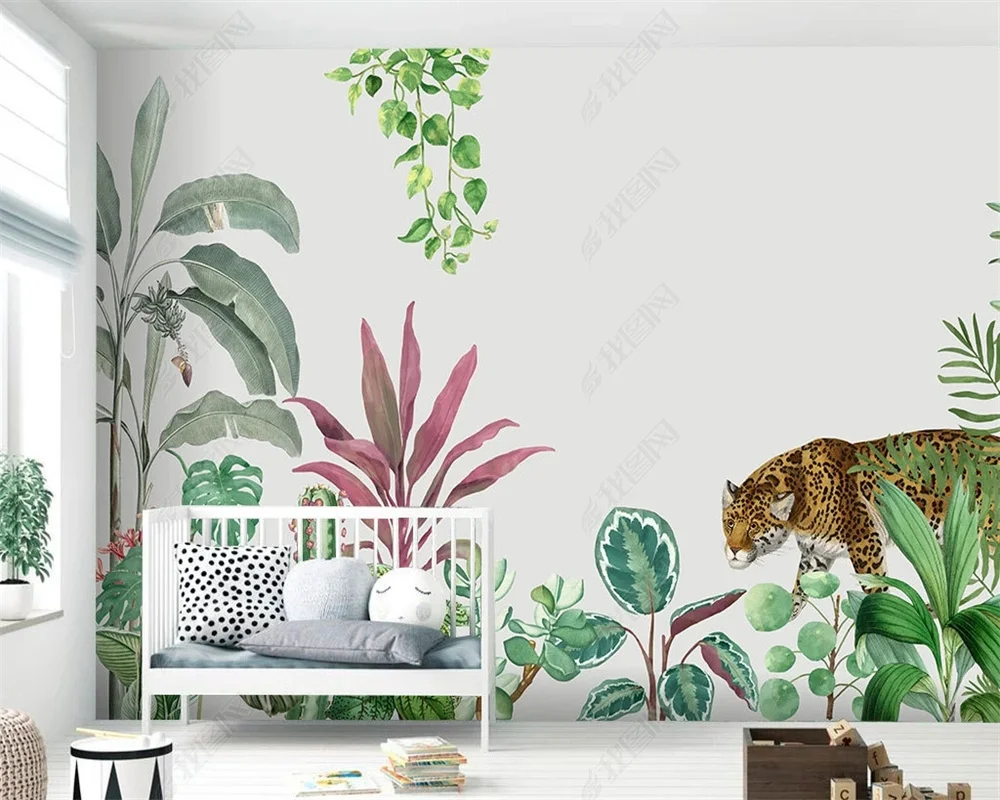 Milofi Nordic peint à la main de petites plantes tropicales fraîches tigre animaux fond mural