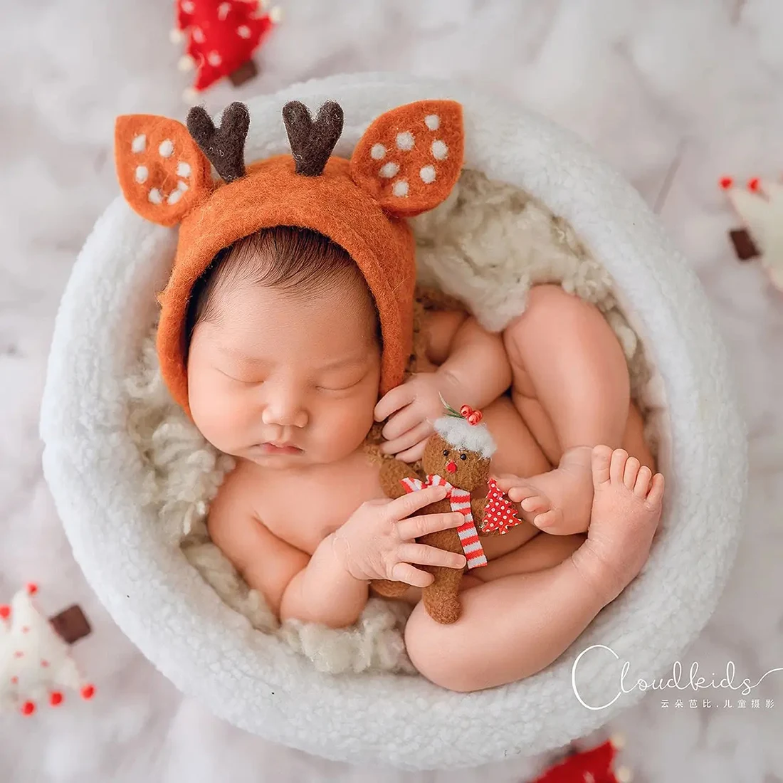 Vintage Baby Deer Hat Wool Felt Newborn Girl Rabbit Flower Bonnet Photography Props Cute Girl Baby Photography Accessories