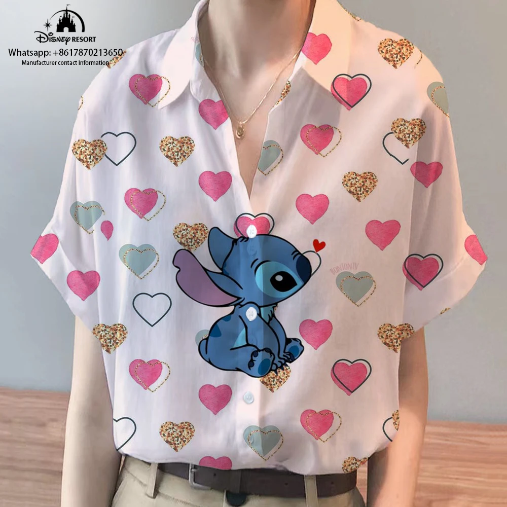 Summer Ladies New Disney Brand Winnie the Pooh and Stitch Anime Harajuku Short Sleeve Shirt Fashion Casual Women\'s Kawaii Tops