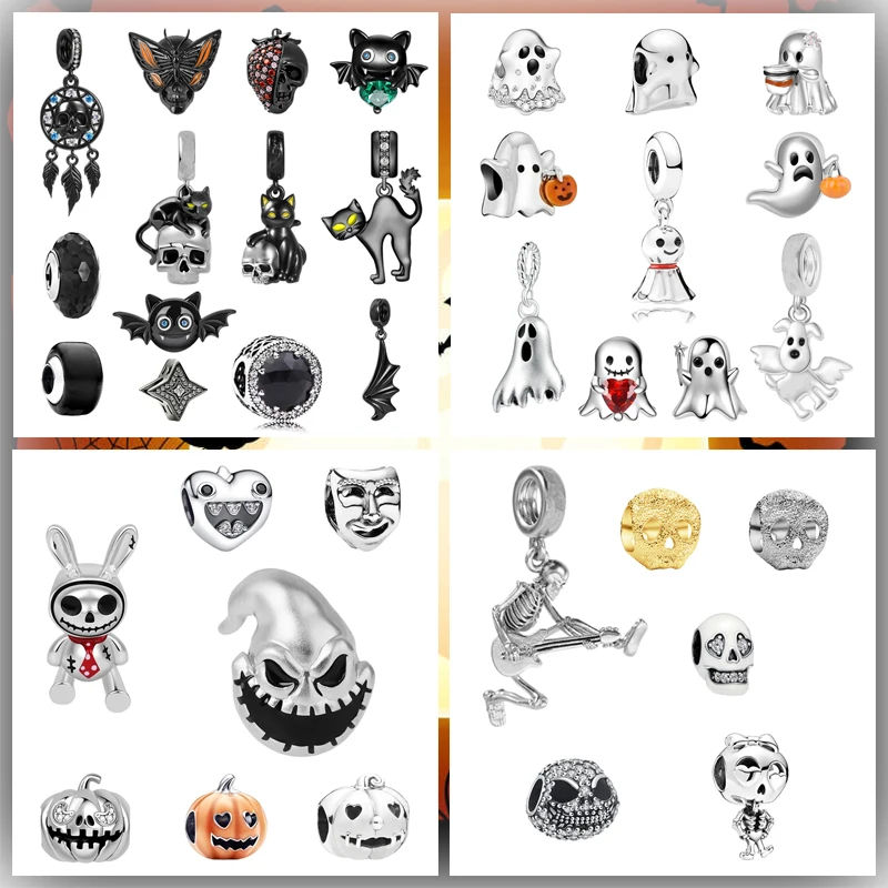 

Halloween Series Charm Beads Horrible Monster Evil Bat Black Cat with Skull Cute Ghost Fit Original Bracelets DIY Jewelry Gifts