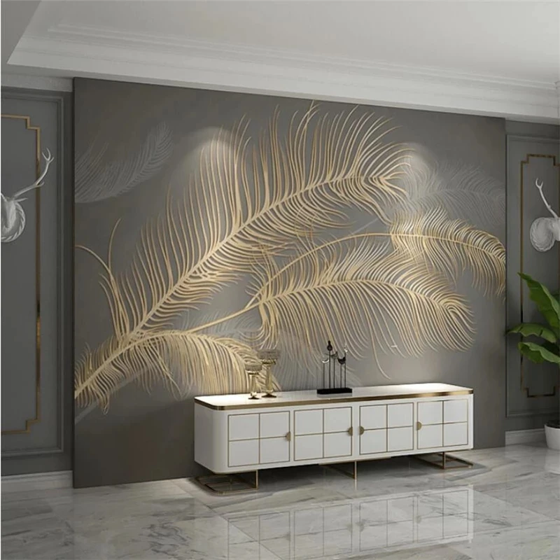 Customized mural 3D wallpaper popular Nordic light luxury feather gold embossed line bedroom Living room sofa TV background wall