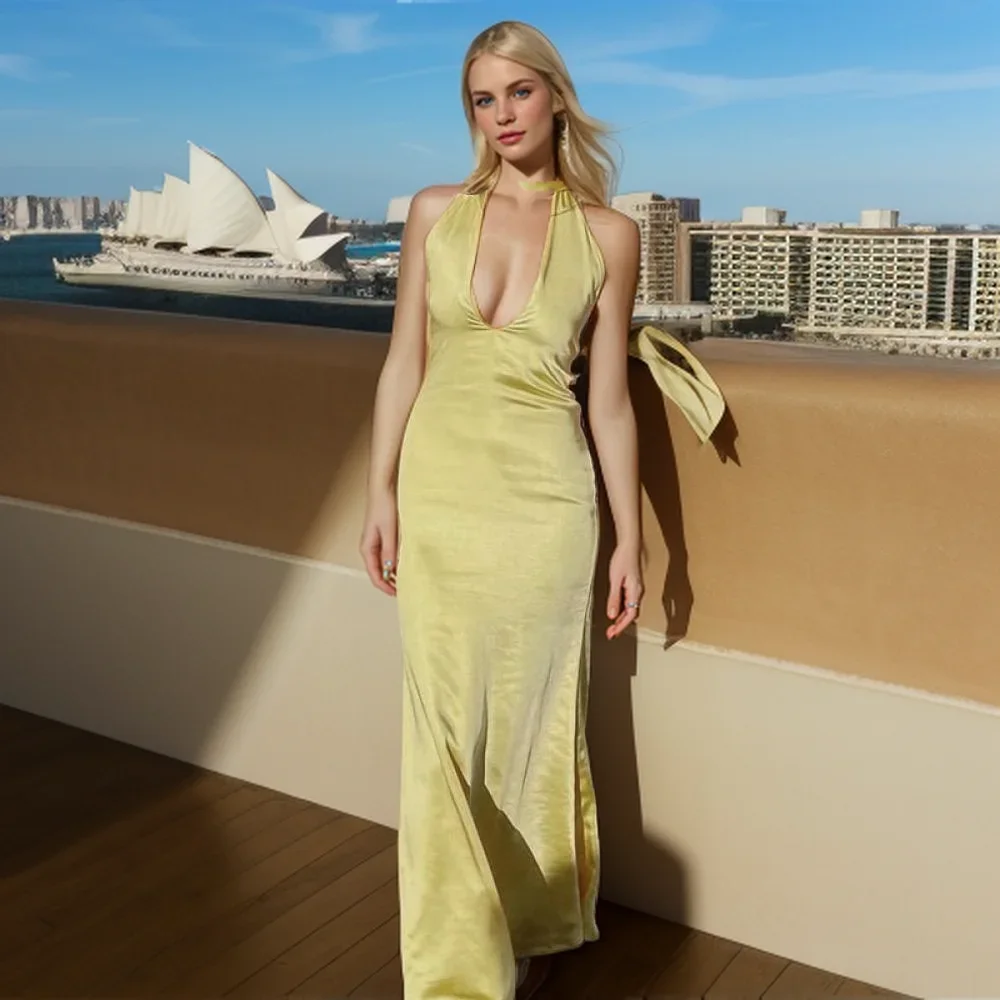 

Elegant Satin Backless Dress Sexy Halter V-Neck Long Dresses Slim Maxi Evening Dresses Bandage Maxi Vestido for Women Party