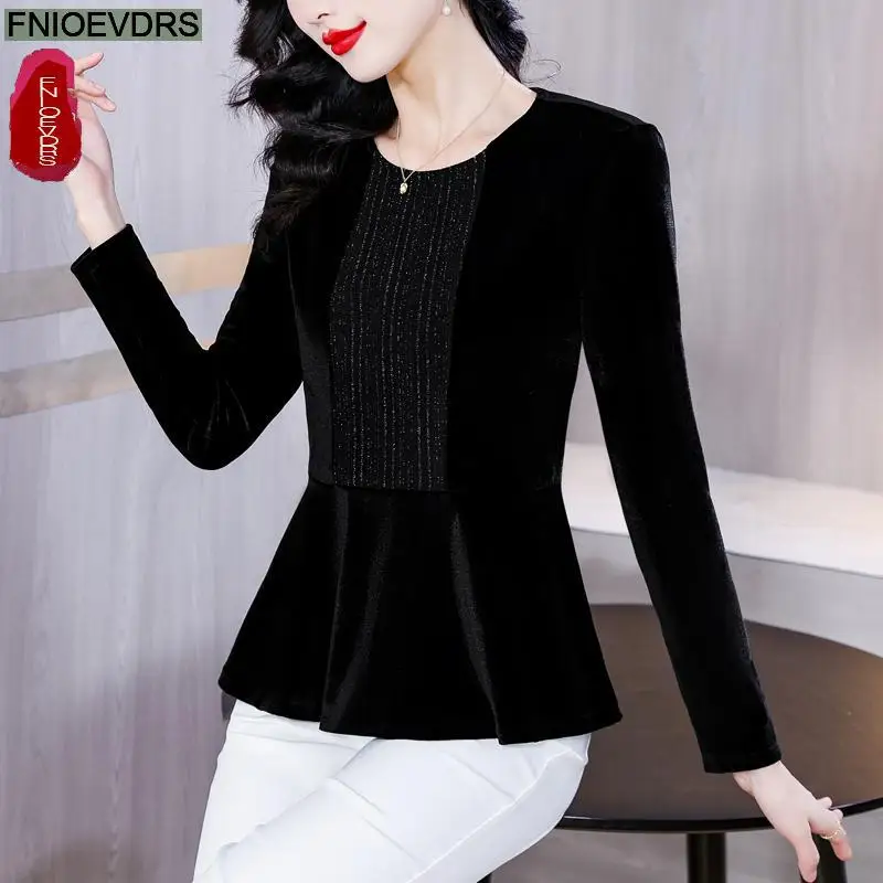 S-4XL Bling Black Tops Women Winter Basic Warm Wear New Design Retro Vintage French Design Peplum Shirts Velvet Tops Blouses