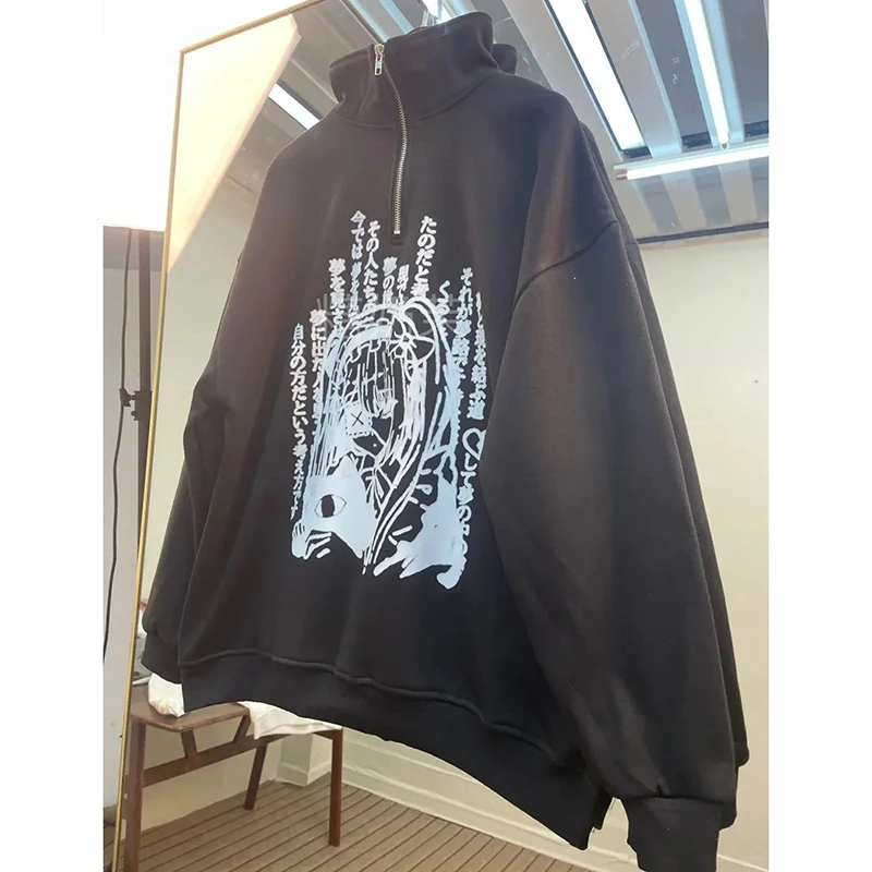 Sweat-shirt gothique à manches longues pour femmes, sweat-shirt de rue, Anime japonais, Y2K, col montant, décontracté, ample, paresseux, hip hop, printemps-automne