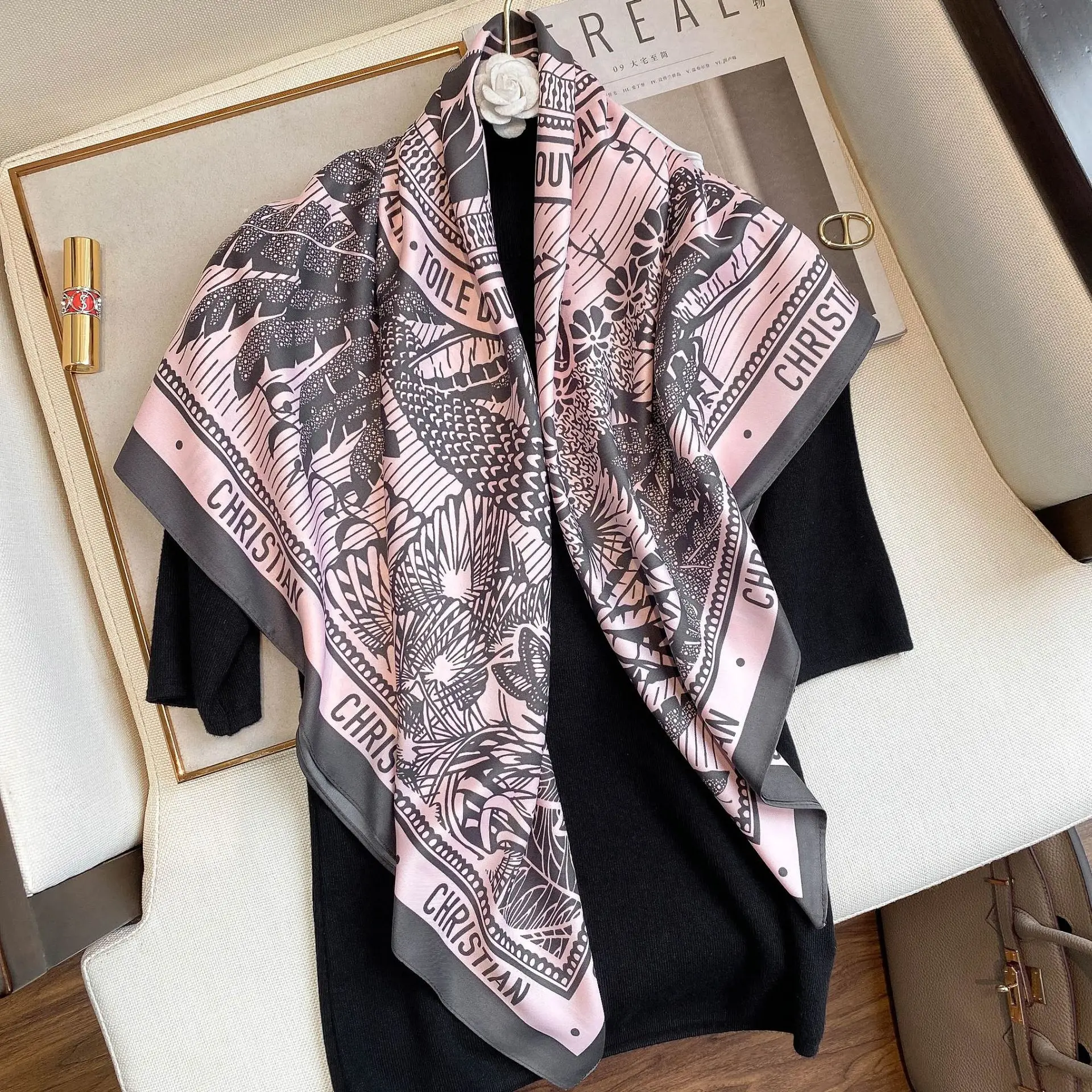 90*90CM Women Silk Square Scarf Satin Bandana Print Scarves Luxury Brand Silk Lady Hair Shawl and Wrap Beach Pareo Headscarf