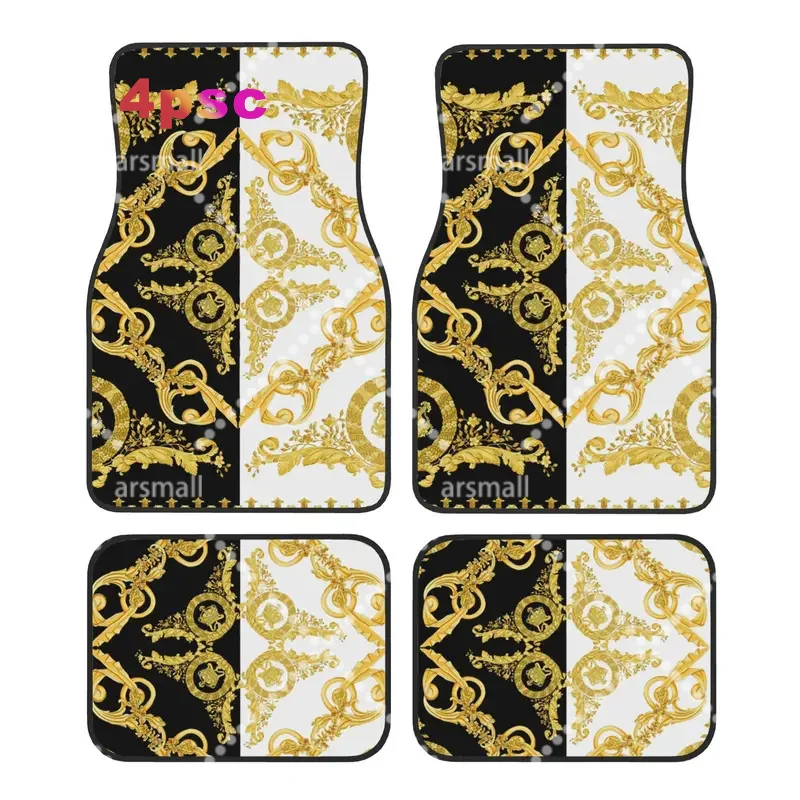Crystal Velvet Car Floor Mats 4 Pcs Baroque Greek Ornament Golden Meander Meandros Universal Car Front Rear Carpets Foot Mats