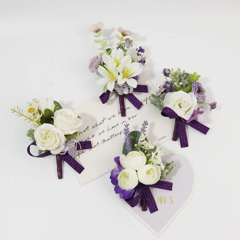 Wedding Wrist Corsage Bracelet White Purple Men Wrist Corsage Wedding Boutonnieres Bride Groom Ceremony Flower Party Decor