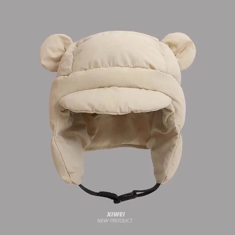 Ins New Cute Bear Ears Padded Bomber Hats for Women Autumn Winter Outdoor Warm Casual Versatile Retro Pilot Caps for Men