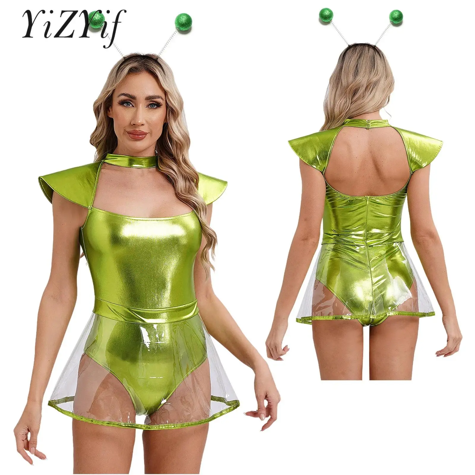 

Women Space Alien Cosplay Costume Bodysuit with Hair Hoop for Halloween Carnivals Masquerade Ball Lady Nightclub Pole Dancewear