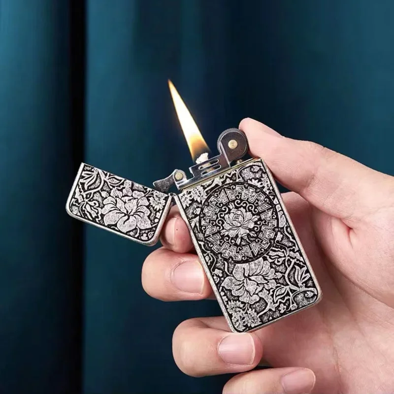 ZORRO Kerosene Lighter Original Copper Ultra-Thin Ancient Silver Deeply Carved Tang Grass Pixiu Xiangyun Pattern Lighter