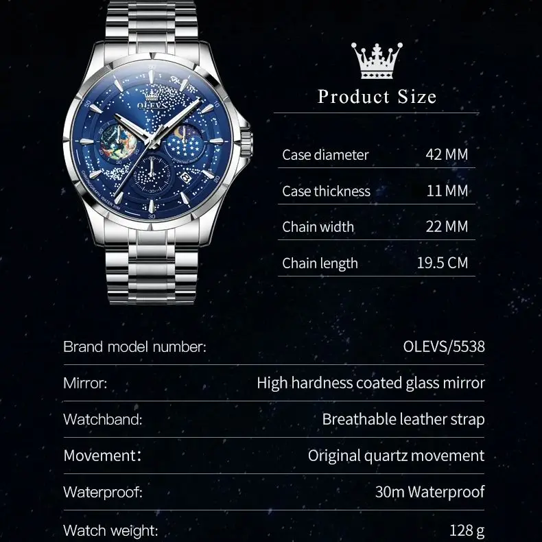 OLEVS 5538 reloj para hombre, moda resistente al agua, fase lunar luminosa, cielo estrellado, reloj con código de sincronización, marca de lujo de alta gama, reloj de cuarzo para hombre