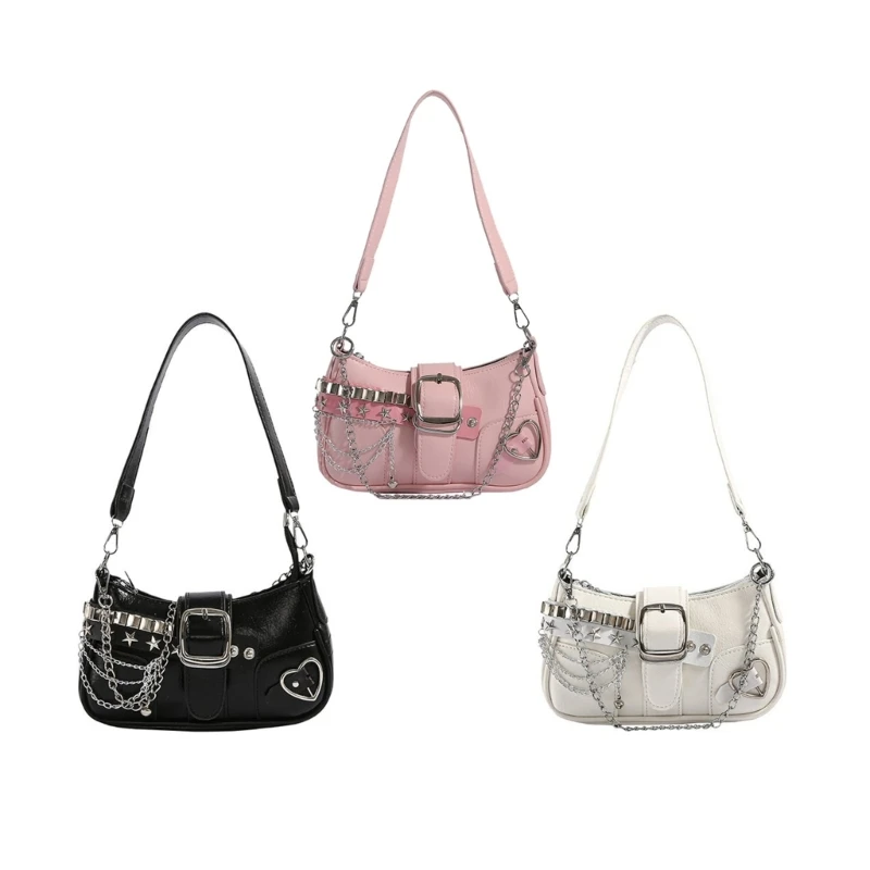 E74B Women's Evning Purse PU Shoulder Bag Buckles Punk Clutch Fashionable Underarm Bags with Chain Strap for Various Occasion